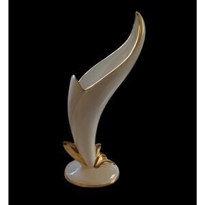 Bird‎ Of Paradise Ceramic Vase Vintage 1961 Signed Cream Gold Trim Object d' Art